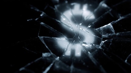 Shattered glass dollar sign reforming with light, recovery theme,
