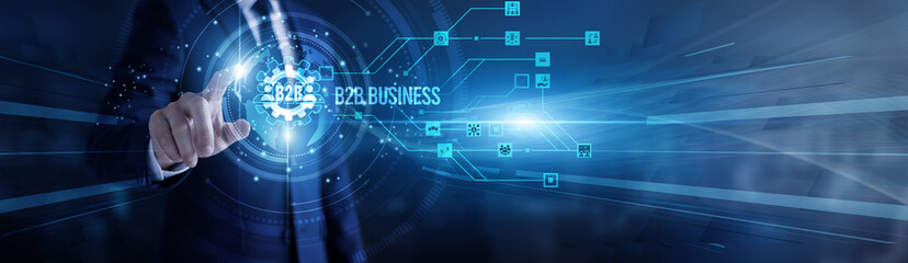 Entrepreneur touching virtual screen a global B2B business network. Corporate partnership, client relations, trade solutions, enterprise growth, supply chain collaboration and innovation.