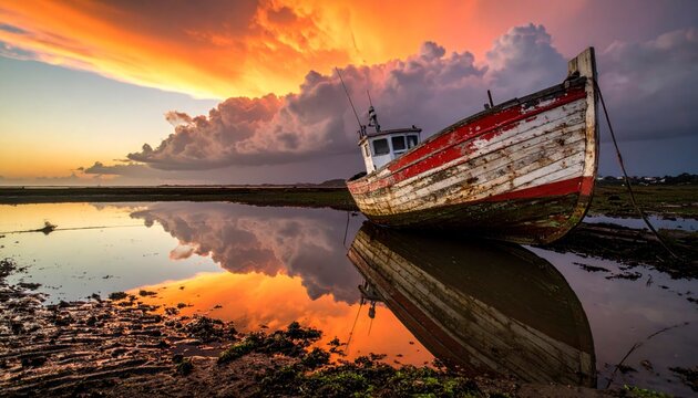 Abandoned Boat's Sunset Serenade: An aged, weathered boat rests ashore, its reflection mirroring the fiery sunset's vivid hues across the calm water surface. The sky is a canvas of orange and gold.