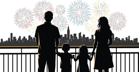 Family of four enjoying a fireworks display over a city skyline, creating a memorable and festive moment