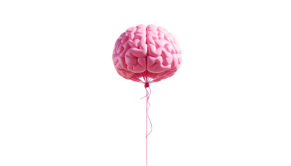 Pink brain-shaped object, resembling a balloon, floats against a black background