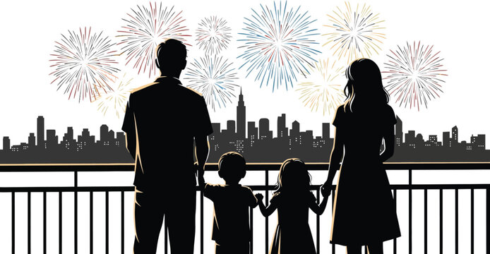 Family of four enjoying a fireworks display over a city skyline, creating a memorable and festive moment