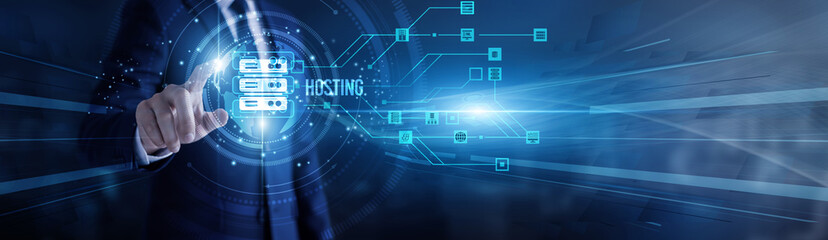 Administrator touching virtual screen a global hosting network. Cloud infrastructure, server...