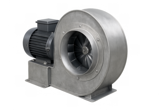 Industrial centrifugal fan blower with motor on transparent background