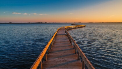 Fototapeta premium Pier into the Horizon: An inviting pier gracefully extends over tranquil waters toward a breathtaking horizon at dawn, offering a pathway to contemplation and serenity.