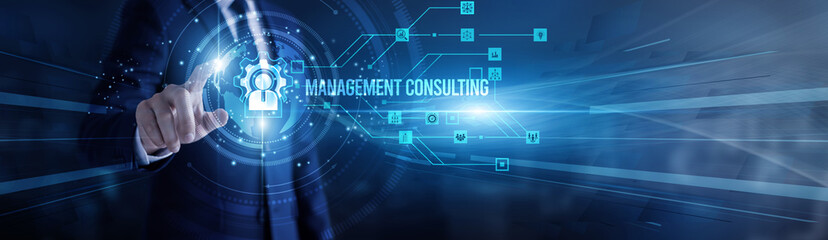 Consultant touching virtual screen a global management consulting framework. Business analysis, strategy development, performance optimization, leadership solutions, growth transformation.