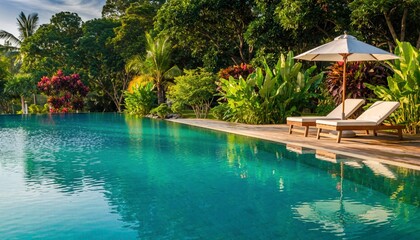 Tranquil Waterside Escape: Capture the essence of relaxation by a stunning infinity pool, where azure water meets the lush greenery of tropical foliage.