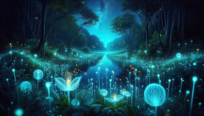 Enchanting bioluminescent forest at night with glowing flowers and a serene river
