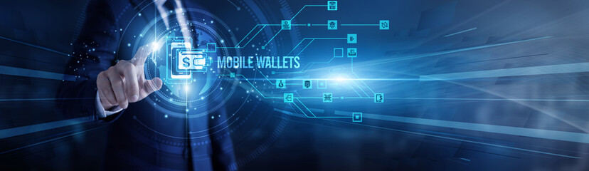 Fintech professional touching virtual screen a global mobile wallets system. Digital payments, contactless transactions, user authentication, e-commerce growth, financial innovation evolution.