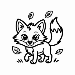 Obraz premium Adorable Cartoon Fox with Big Eyes and Falling Autumn Leaves, a Charming Black and White Outline Vector Illustration