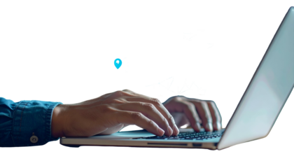 Person's hands typing on a laptop, close-up with a partially transparent background