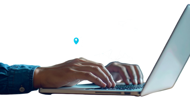 Person's hands typing on a laptop, close-up with a partially transparent background