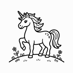 Fototapeta premium Whimsical Black and White Unicorn Line Art Standing in Grassy Field with Flowers, Simple Fantasy Animal Outline Vector for Kids and Magical Themes