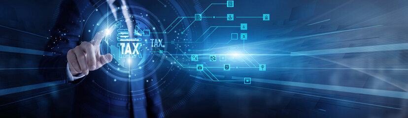 Accountant touching virtual screen a global tax management platform. Financial compliance, audit preparation, income analysis, calculation accuracy, regulation and fiscal responsibility systems.