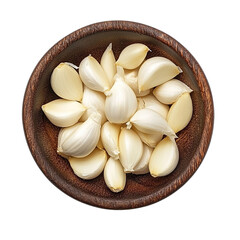 A Wooden Bowl Filled with Fresh Garlic Cloves Isolated transparent on white background