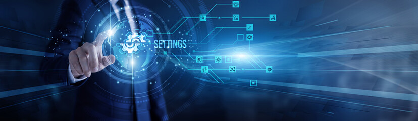Administrator touching virtual screen a global settings configuration panel. System control, customization, optimization, interface management, data preferences and operational setup adjustments.