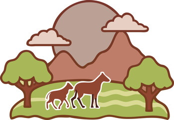 Two brown horses walking in a stylized landscape with trees and mountains isolated on white background