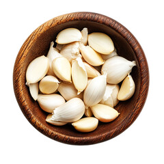 A Wooden Bowl Filled with Fresh Garlic Cloves Isolated transparent on white background