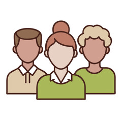 Three diverse cartoon people icons representing a group of individuals isolated on white background
