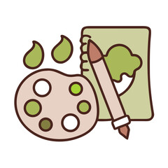 Artistic tools including a paint palette brush and sketchbook isolated on white background