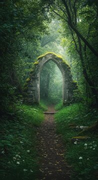 Mysterious stone ruins in a dense, magical garden. Overgrown path leading into a mystical grove filled with ancient, legendary atmosphere, stone, legend, ancient history
