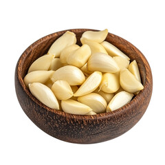 A Wooden Bowl Filled with Fresh Garlic Cloves Isolated transparent on white background