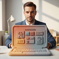 Executive Holding Laptop Displaying Dashboard for Data Analysis, Business Analytics, and Reporting