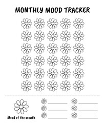Monthly mood tracker vector template. Bullet journal page with chamomile daisy doodle style flowers for coloring. Note in planner state of mind, feelings, physical and mental health tracking