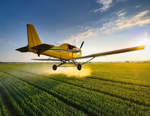 small yellow agricultural airplane flying low over green crop field for aerial spraying application precision farming and pest control banner