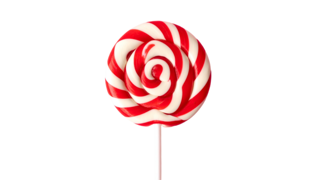 A large, round, swirled lollipop with red and white stripes on a pink stick, set on black