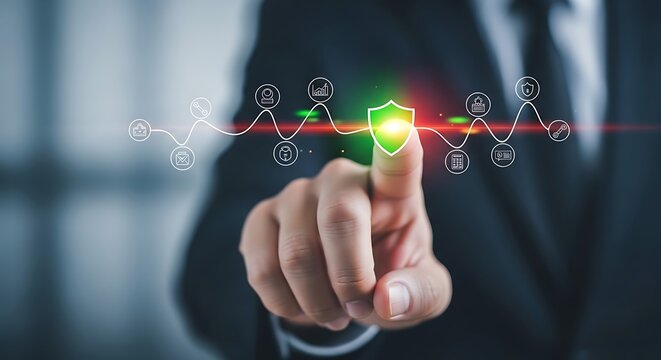 Businessman touching a glowing green digital shield icon representing cybersecurity and data protection