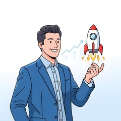 Successful Businessman Launching Rocket with Growth Chart in Background, Illustrating Business Startup and Innovation