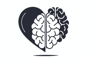 A balanced monochrome design displays a heart with a plus sign and a brain