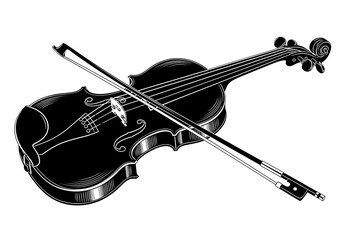 Obraz premium Classic violin and bow illustration in black and white artistic sketch style