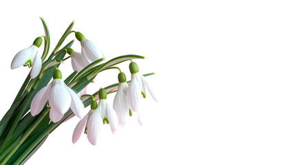 Delicate cluster of snowdrop flowers with white petals and green stems against black