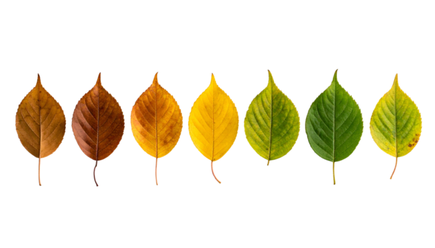 Leaves arranged horizontally, showcasing a gradient from green to brown with a black background