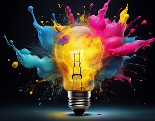 creative light bulb explosion with splashes of yellow blue and pink paint on a black background think differently creative idea
