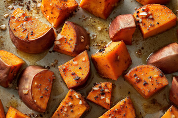 Roasted sweet potatoes on a sheet pan, crosshatch cuts, maple glaze sheen, overhead graphic arrangement, editorial food styling
