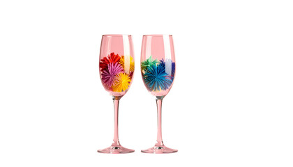 Two champagne flutes filled with colorful, abstract flower-like shapes against black