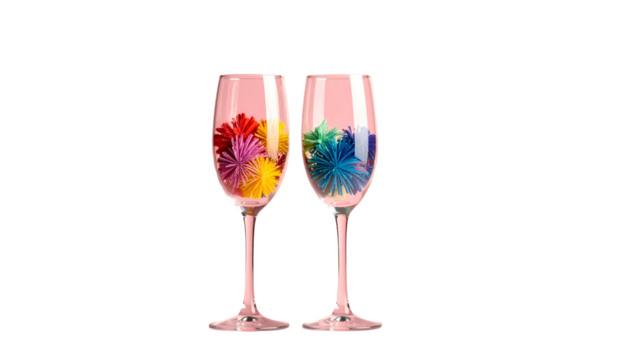 Two champagne flutes filled with colorful, abstract flower-like shapes against black