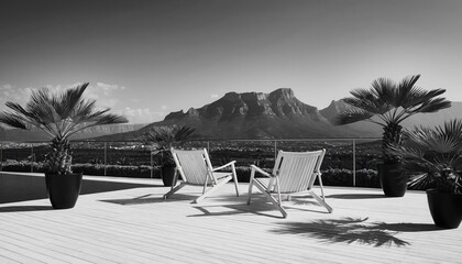 Tranquil Balcony Scene: two deckchairs inviting the viewer to unwind, overlooking a serene landscape with a mountain, creating a sense of peace and relaxation