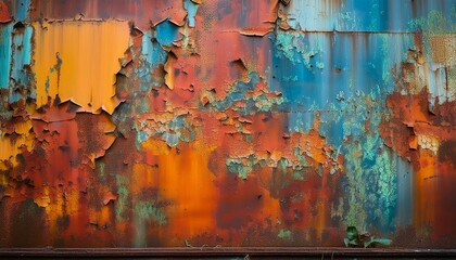 weathered industrial wall with colorful rust and peeling paint