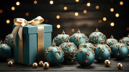 Elegant Christmas Gift with Gold Ornaments on a Dark Background with Lights