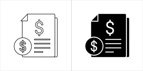 Simple icon representing financial document with dollar sign and coin, black and white