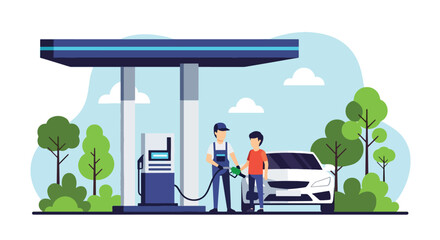 Flat vector of gas station with cars refueling and staff assisting customers, automotive service and energy illustration