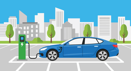 lat vector of electric car connected to charging station, clean energy and modern automotive concept