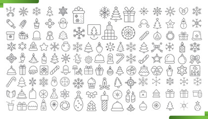 Collection of hand drawn winter holiday and christmas icons in a simple line art style