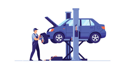 Flat vector of mechanic changing car tire with tools in repair shop, safety and automotive maintenance concept