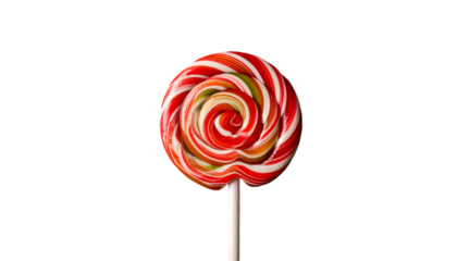 Swirl lollipop, red, white, orange & green spiral on a stick against a black background
