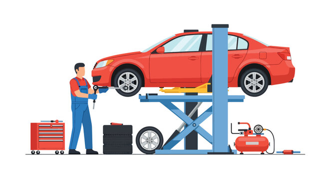 Flat vector of mechanic changing car tire with tools in repair shop, safety and automotive maintenance concept